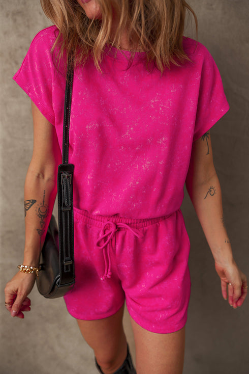Edgy Casual Mineral Wash Short Sleeve Drawstring Cutout Back Romper